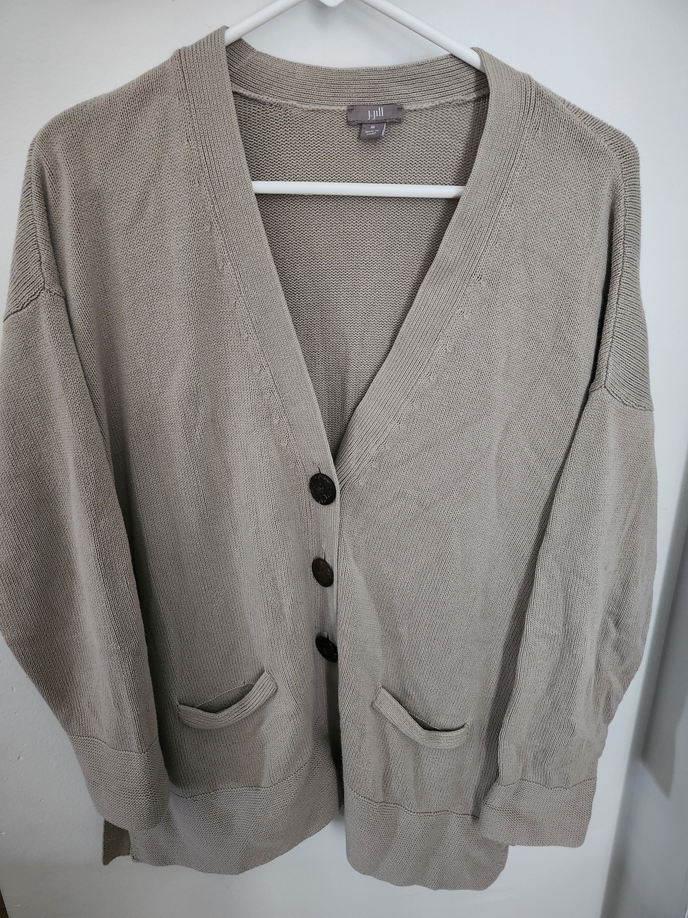 J. Jill Taupe Button-Front V-Neck Cardigan Sweater